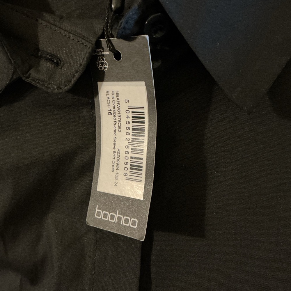 NWT Boohoo Black Oversized Button-Up Shirt Size 16 Ruched Drawstring Sleeve - Picture 10 of 10